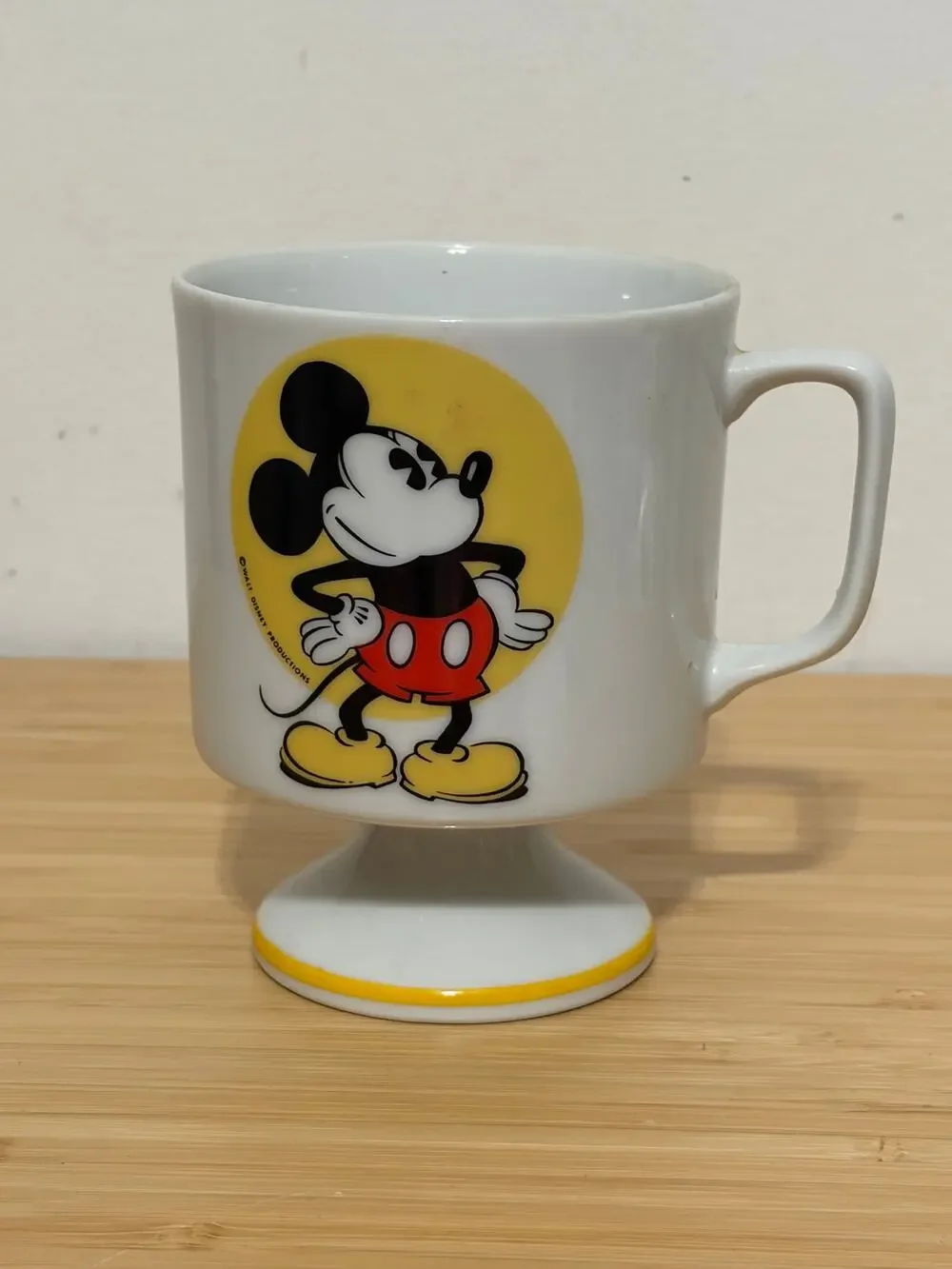 Vintage Disney Mickey Mouse Pedestal Mug Cup White Yellow Japan